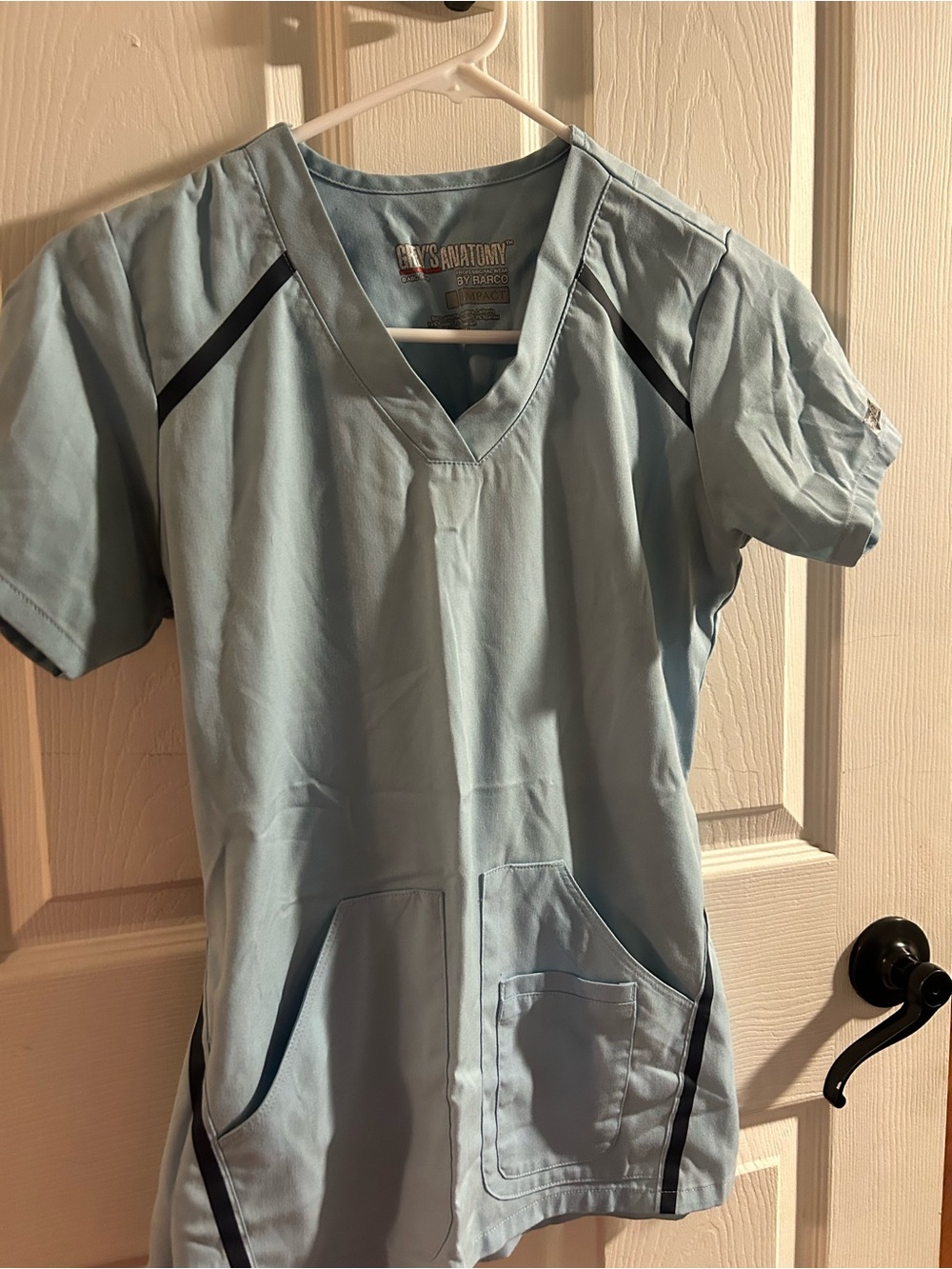 Grey's Anatomy Light Blue V-Neck Scrub Top with Navy Trim